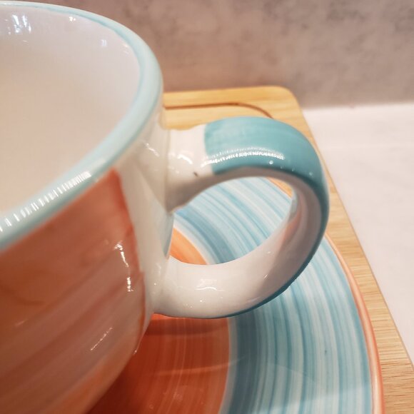 Rialto Genuine Stoneware 2 pink and blue coffee tea mugs with saucers - Picture 8 of 8